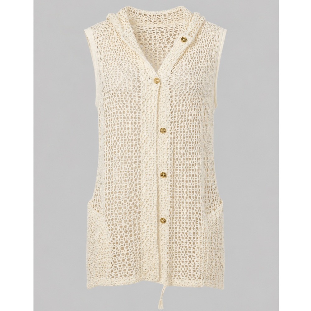 VTG AC Collections Cream Crochet Hooded Sleeveless Cardigan Vest Gold Buttons L